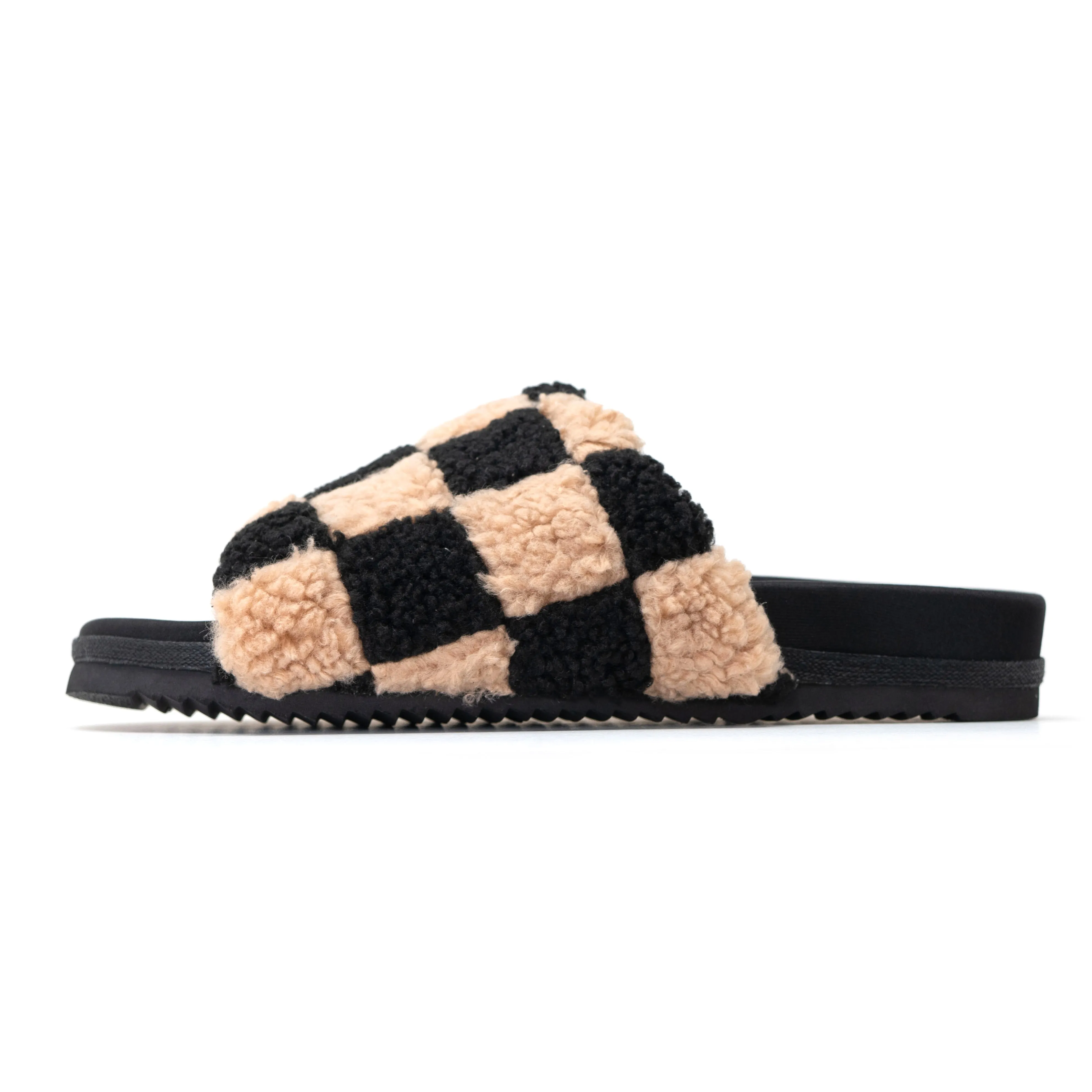 ROAM FUZZY CHECKER SLIDERS BLACK & BEIGE FAUX SHEARLING sold by ROAM product image thumbnail 2