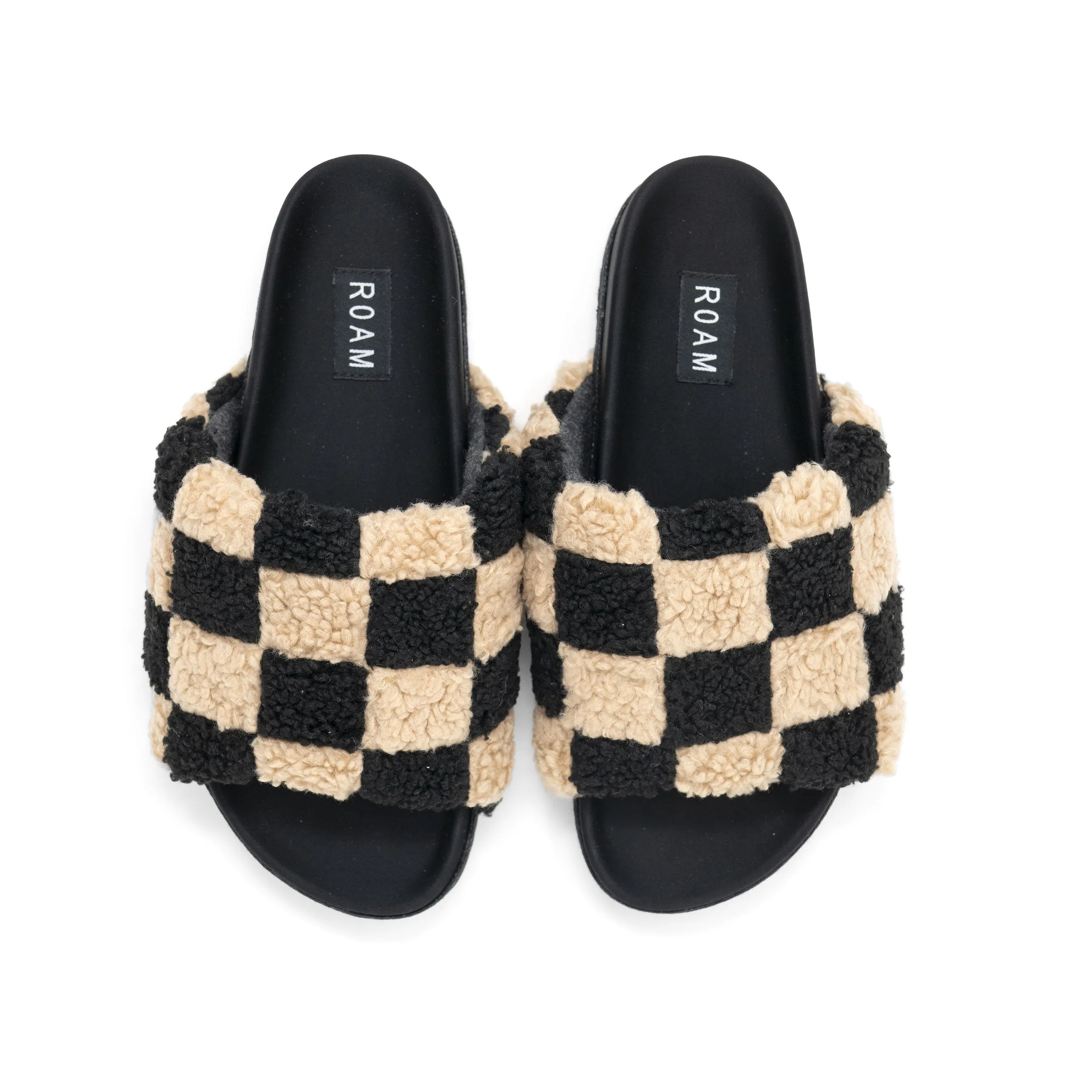 ROAM FUZZY CHECKER SLIDERS BLACK & BEIGE FAUX SHEARLING sold by ROAM