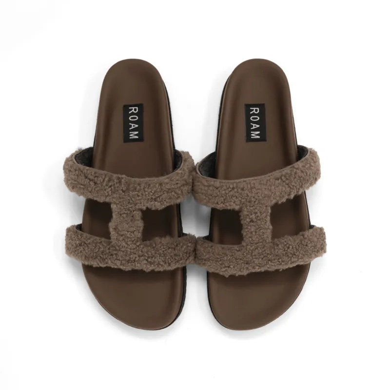 ROAM FUZZY CUFFS SANDAL TAUPE FAUX SHEARLING sold by ROAM