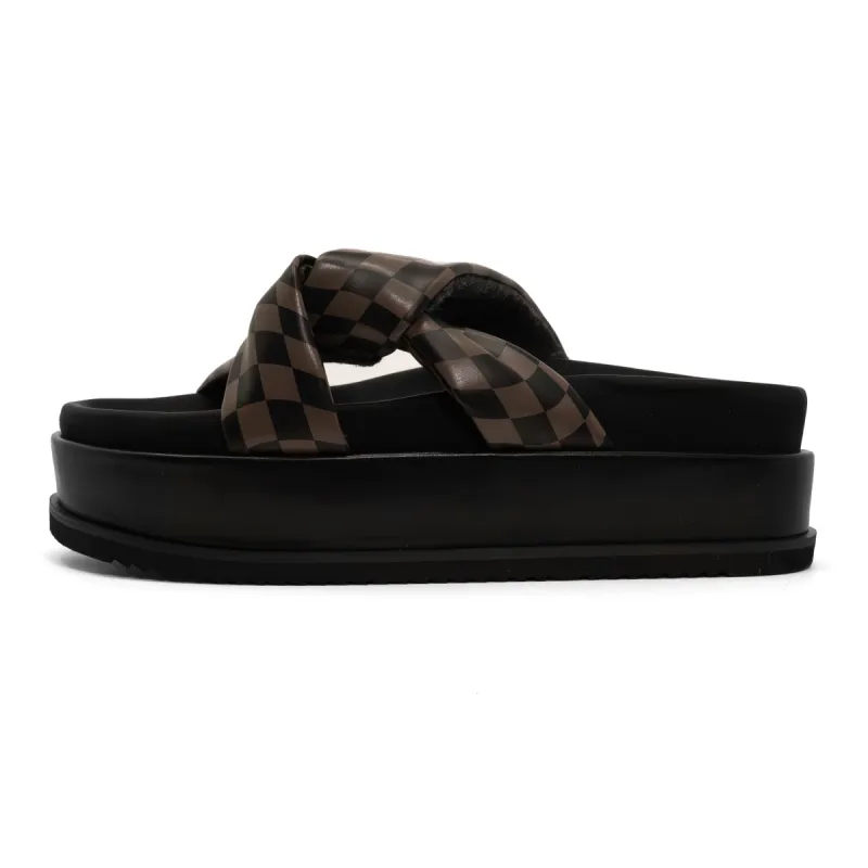 ROAM WAVY CHECK SIDE SLIP STACK PLATFORM BLACK & TAUPE VEGAN LEATHER sold by ROAM