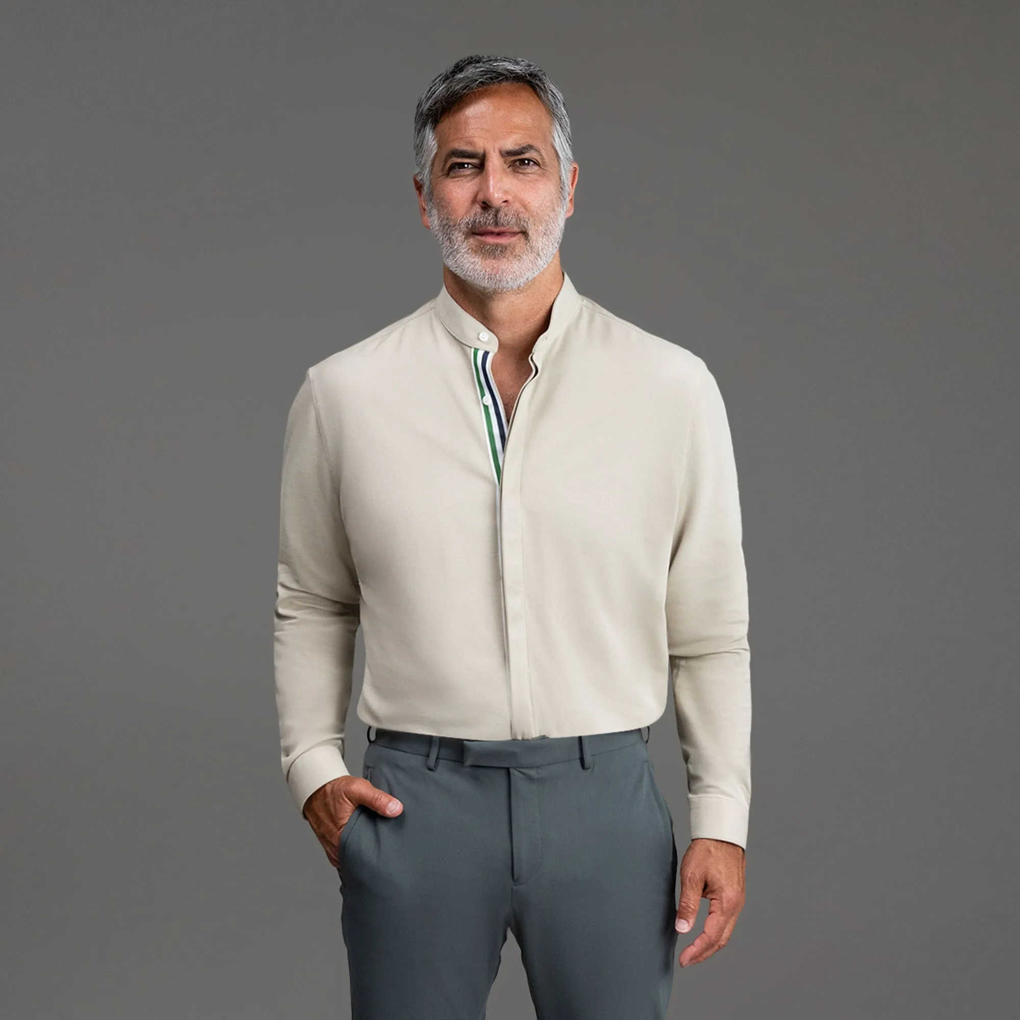 Stretch Oxford Monk Shirt (Ribbon) sold by Sene