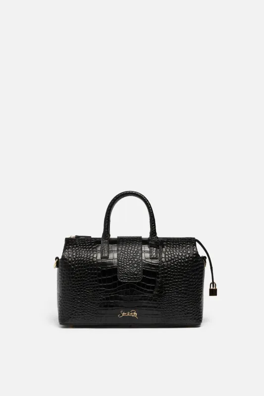 Convertible Executive Leather Bag in Noir Crocodile Print Black - WAITLIST sold by Silver & Riley