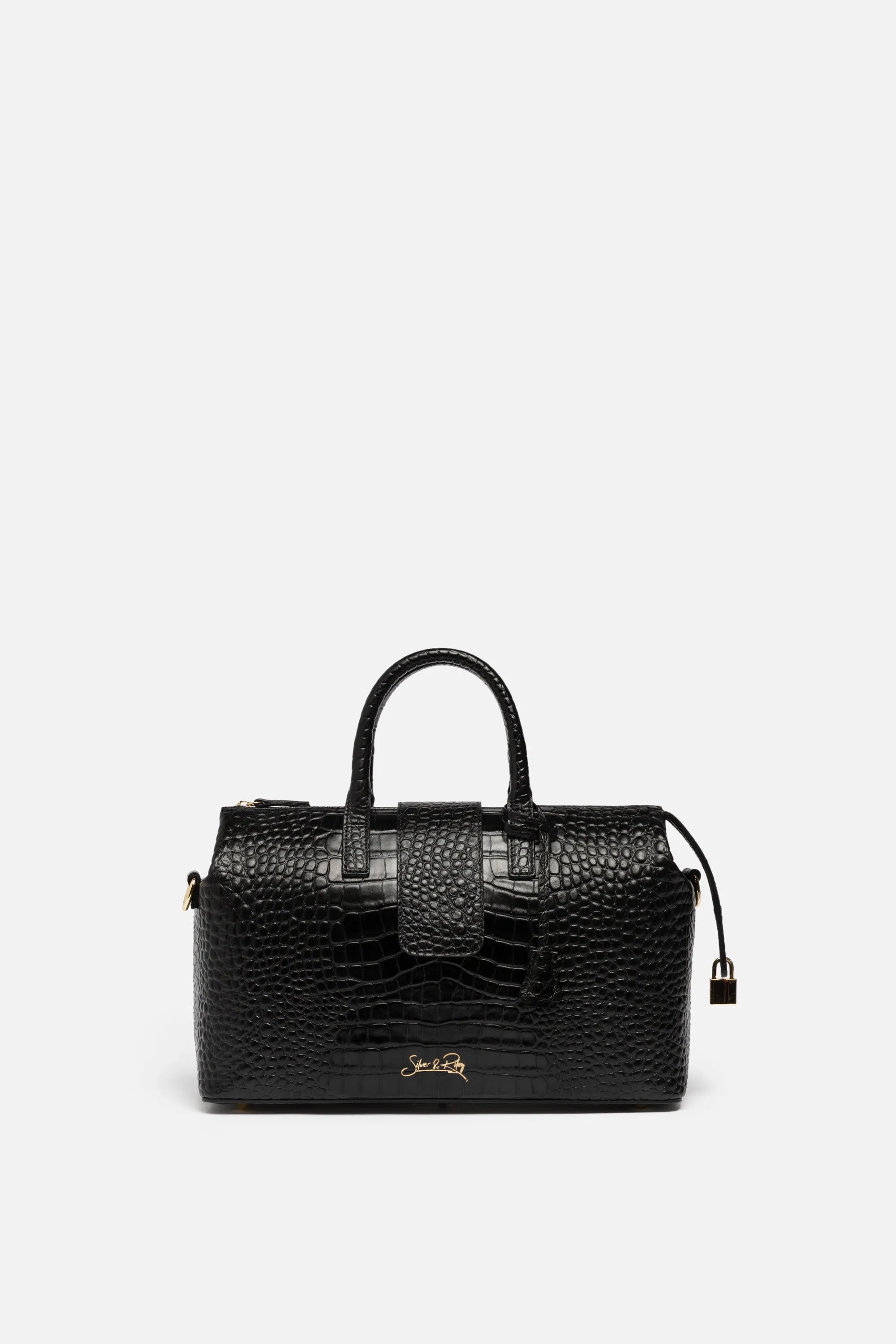 Convertible Executive Leather Bag in Noir Crocodile Print Black - WAITLIST sold by Silver & Riley