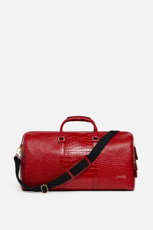 Beverly Hills Carryall Duffle Leather Bag in Crocodile Print Fiery Red - WAITLIST sold by Silver & Riley
