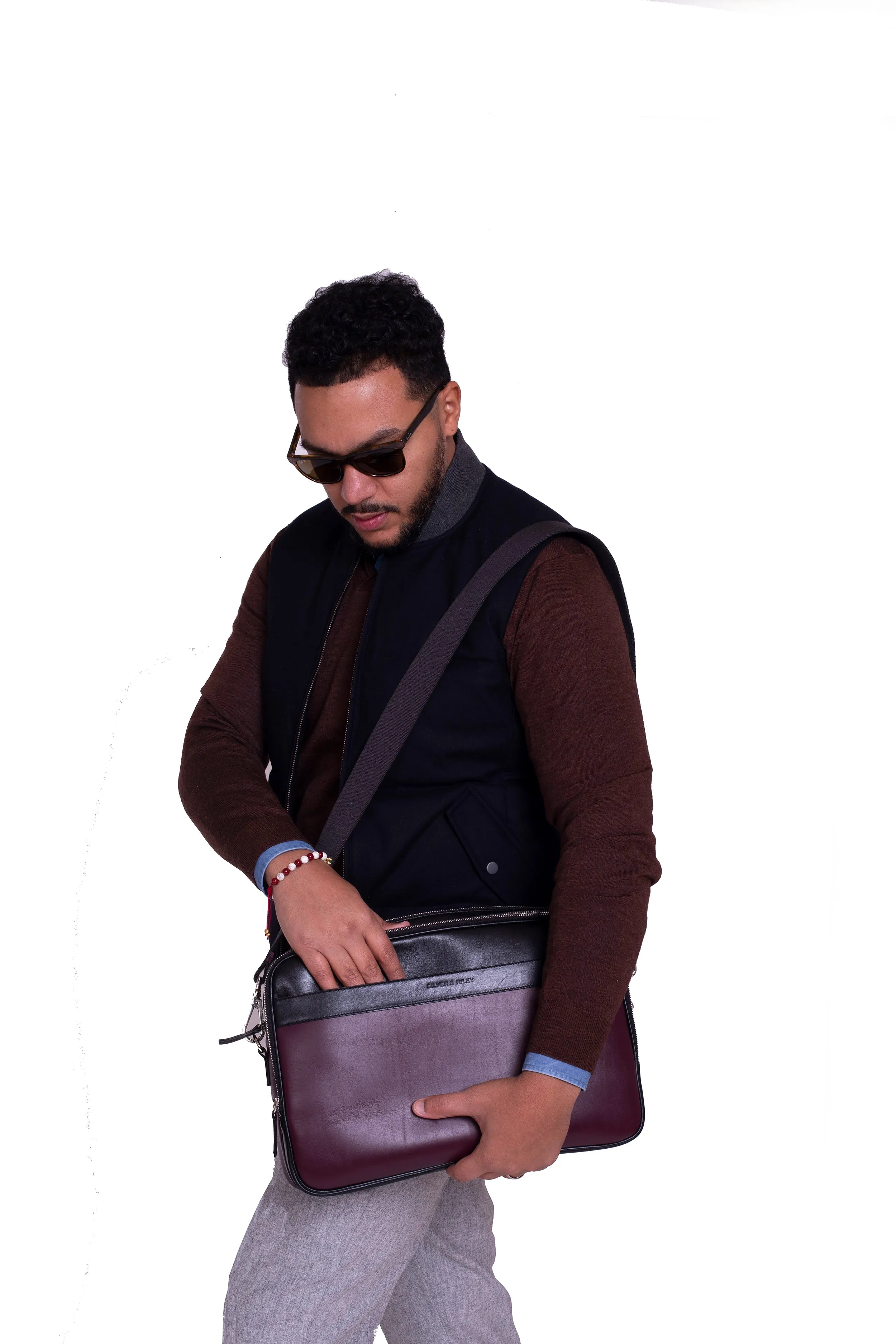 Geneva Leather Messenger Bag with handle in Wine Purple sold by Silver & Riley product image thumbnail 5