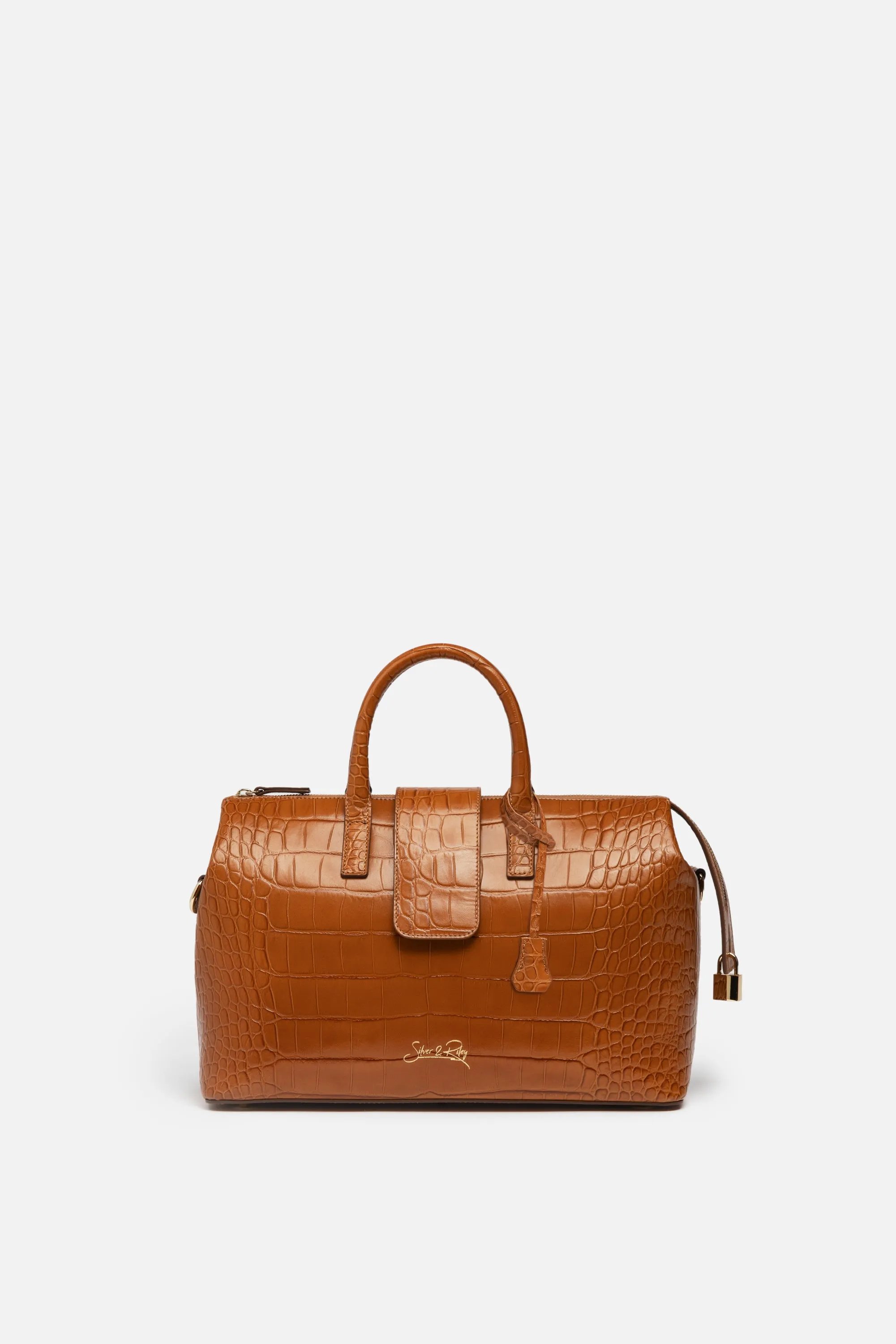 Convertible Executive Leather Bag in Crocodile Print Camel - WAITLIST sold by Silver & Riley