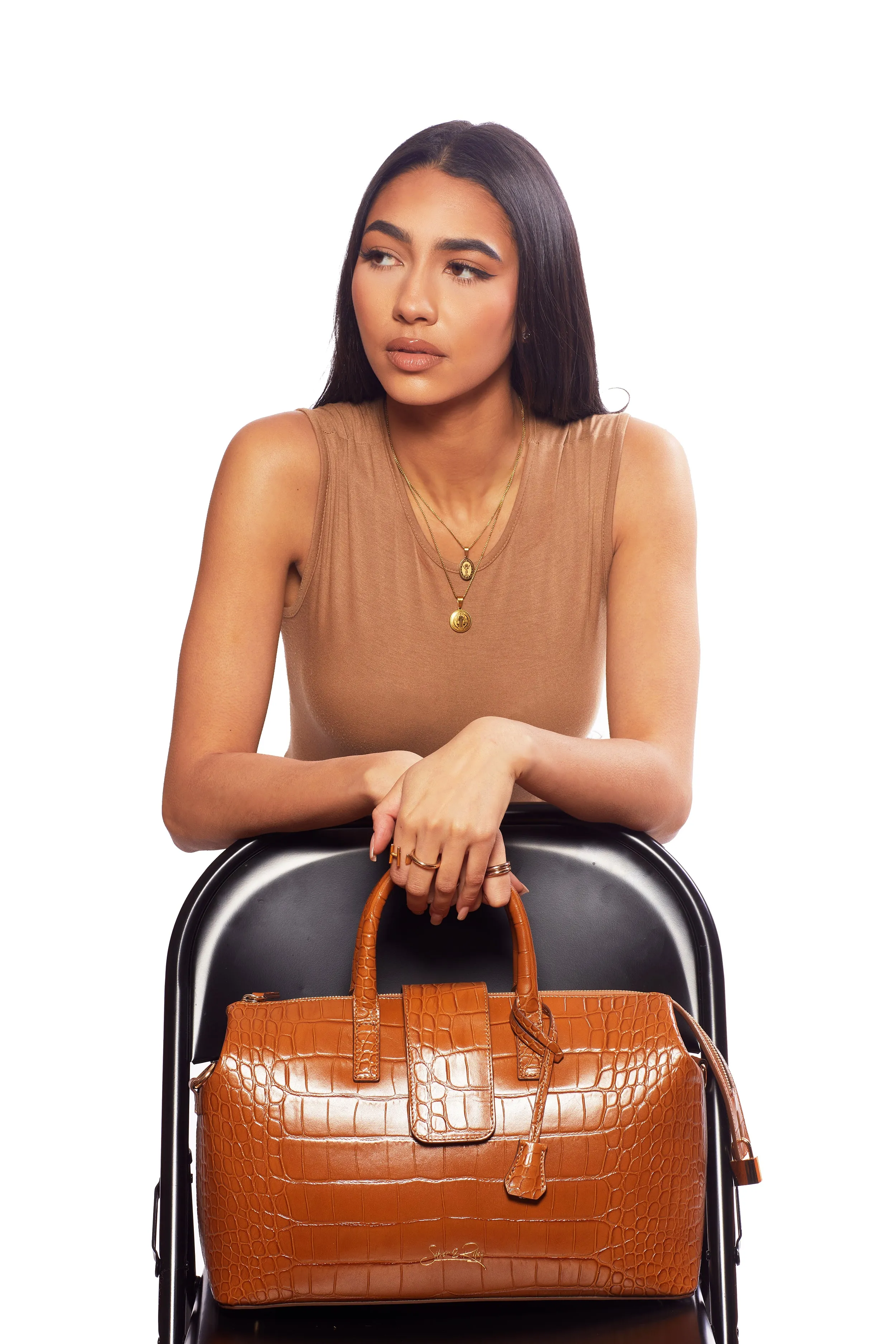 Convertible Executive Leather Bag in Crocodile Print Camel - WAITLIST sold by Silver & Riley product image thumbnail 2