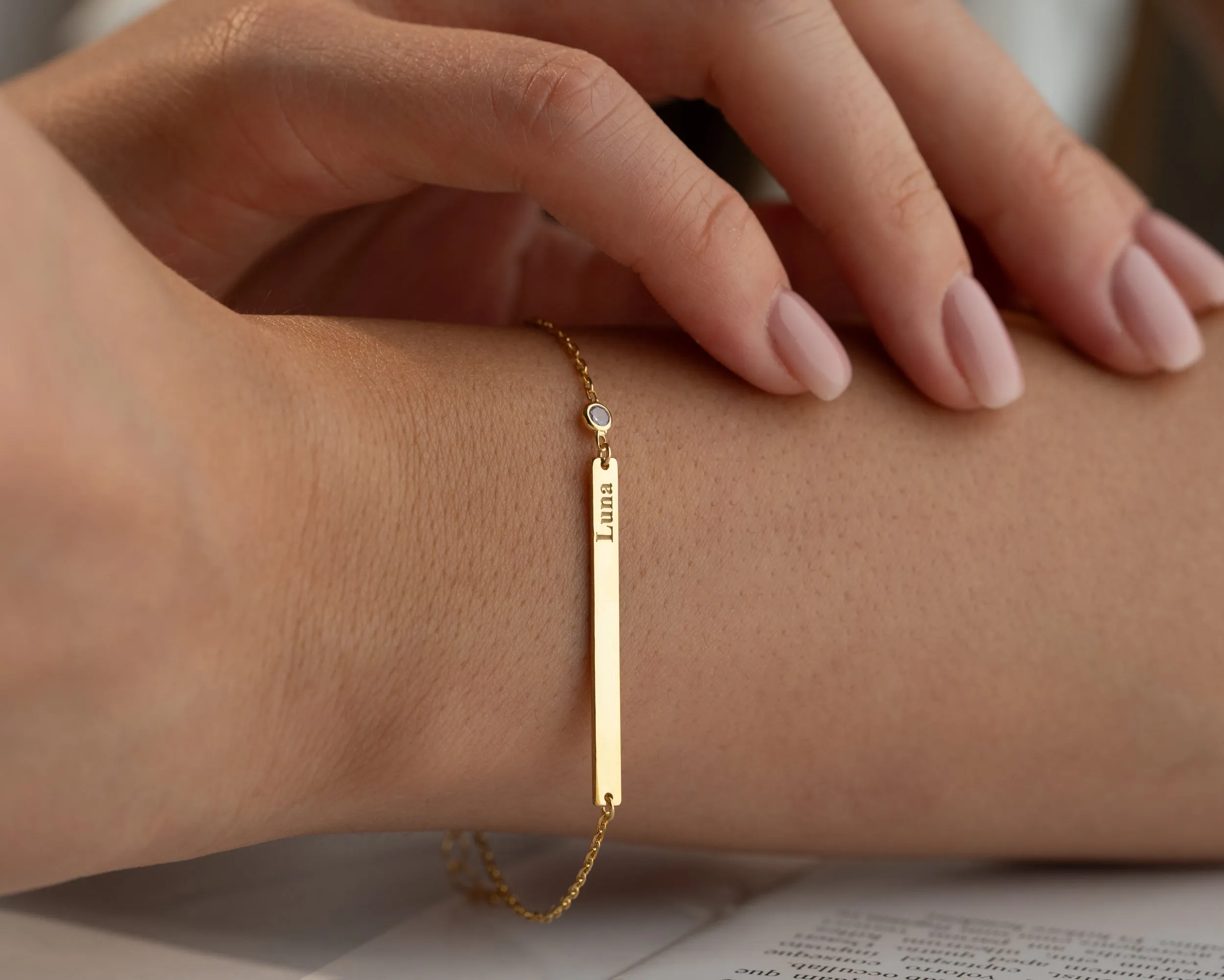 Custom Name Bar Bracelet With Birthstone sold by Belkymood product image thumbnail 3