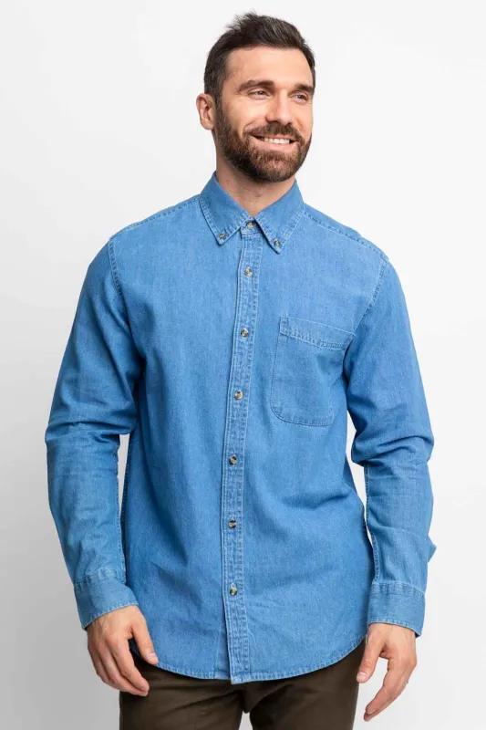 Aspen Long Sleeve Server Shirt-Washed Denim-Unisex sold by BlueCut Aprons