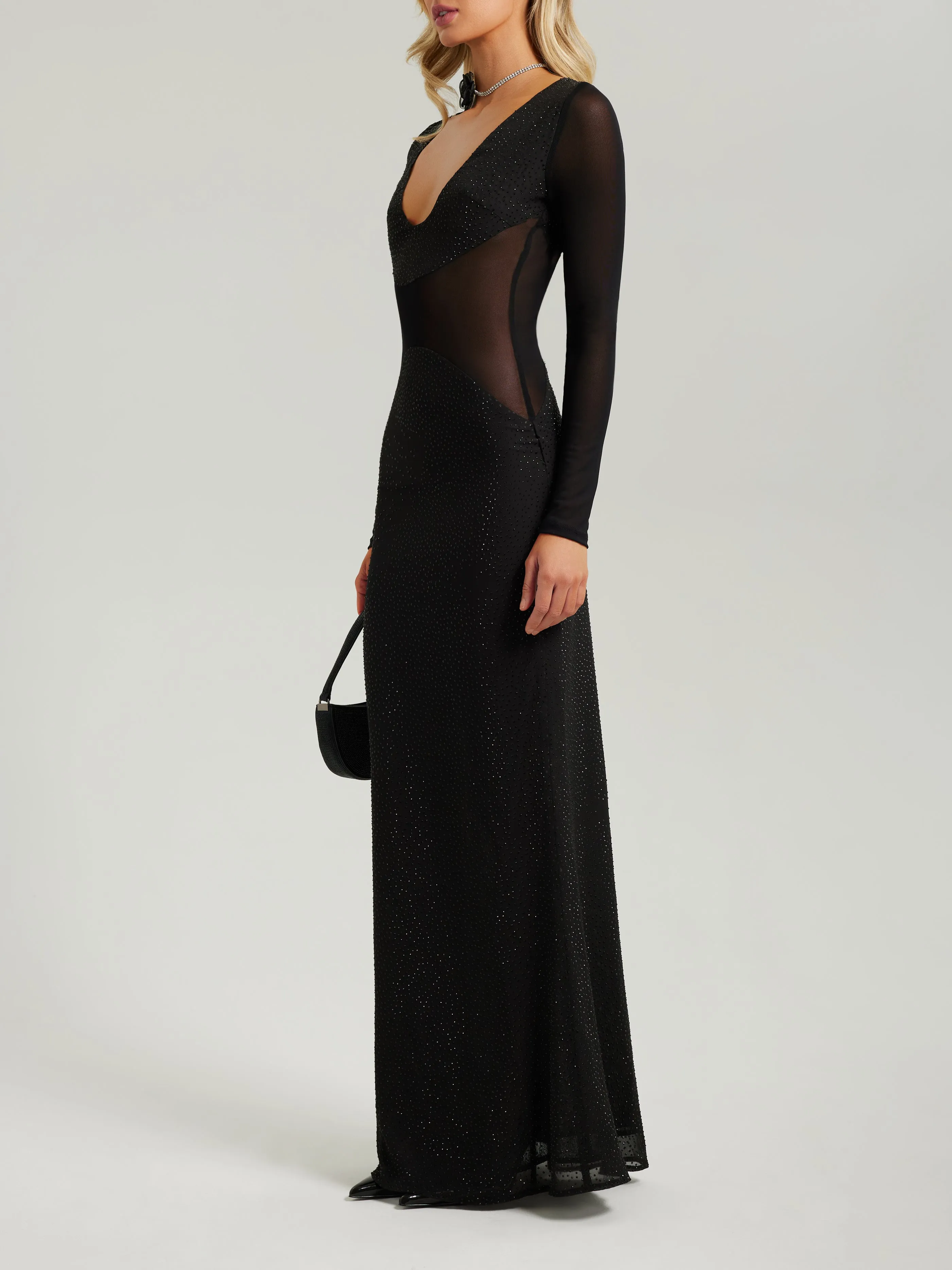 Black long sleeve crystal maxi dress sold by Heiress Beverly Hills product image thumbnail 3
