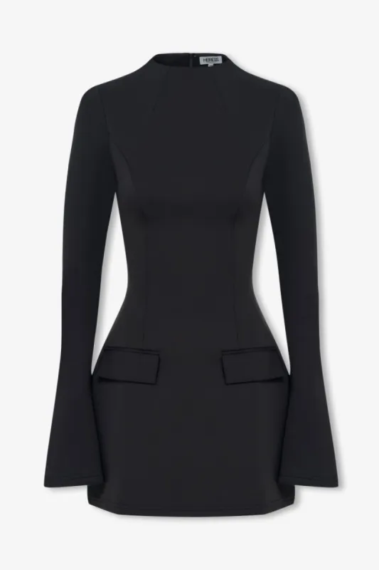 Black long sleeve a line pocket mini dress sold by Heiress Beverly Hills