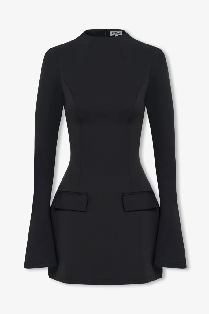 Black long sleeve a line pocket mini dress sold by Heiress Beverly Hills