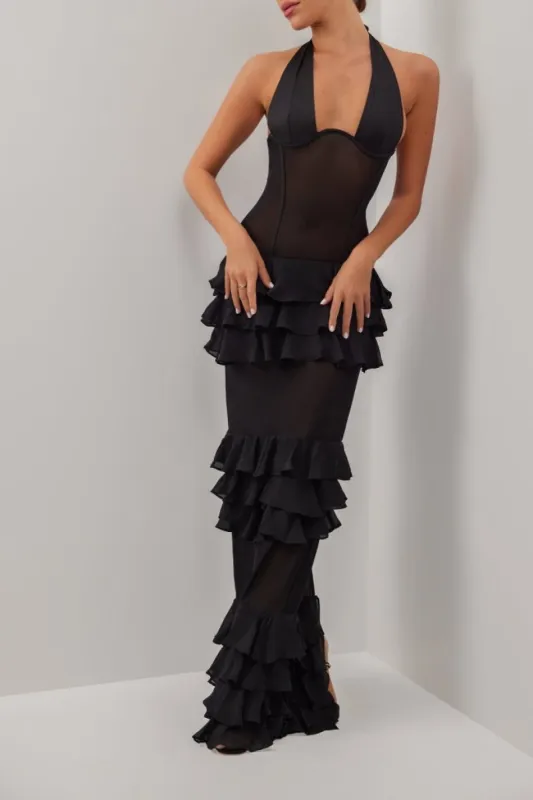 Black peekaboo sheer ruffle maxi dress sold by Heiress Beverly Hills