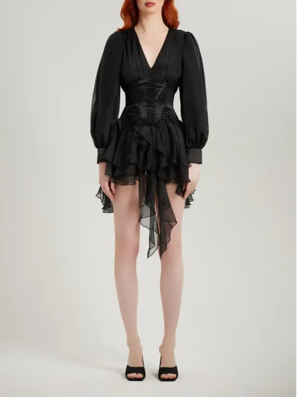 Black chiffon long sleeve corset dress sold by Heiress Beverly Hills
