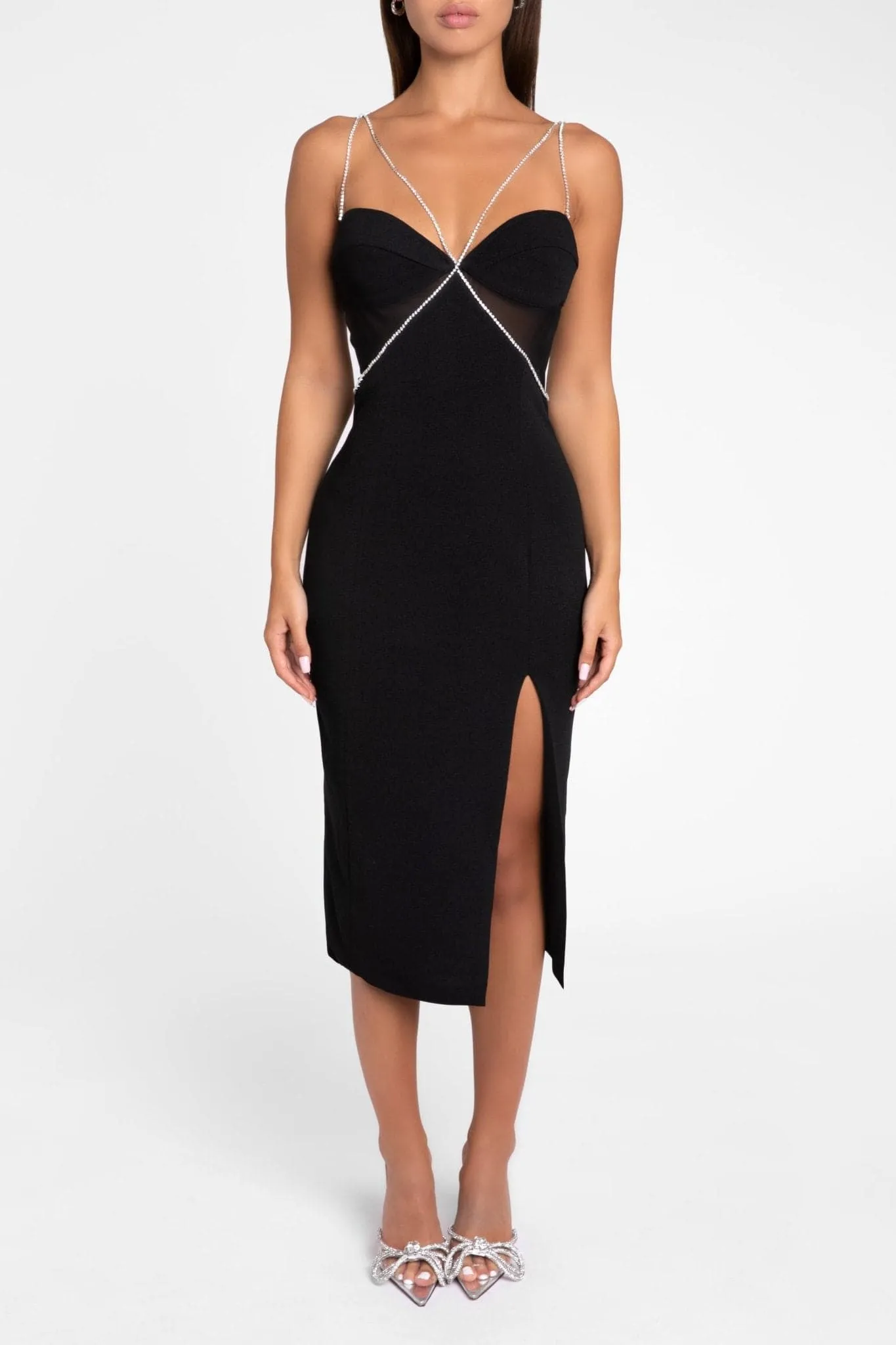 Black Diamanté Strap Cutout Midi Dress sold by Heiress Beverly Hills product image thumbnail 2