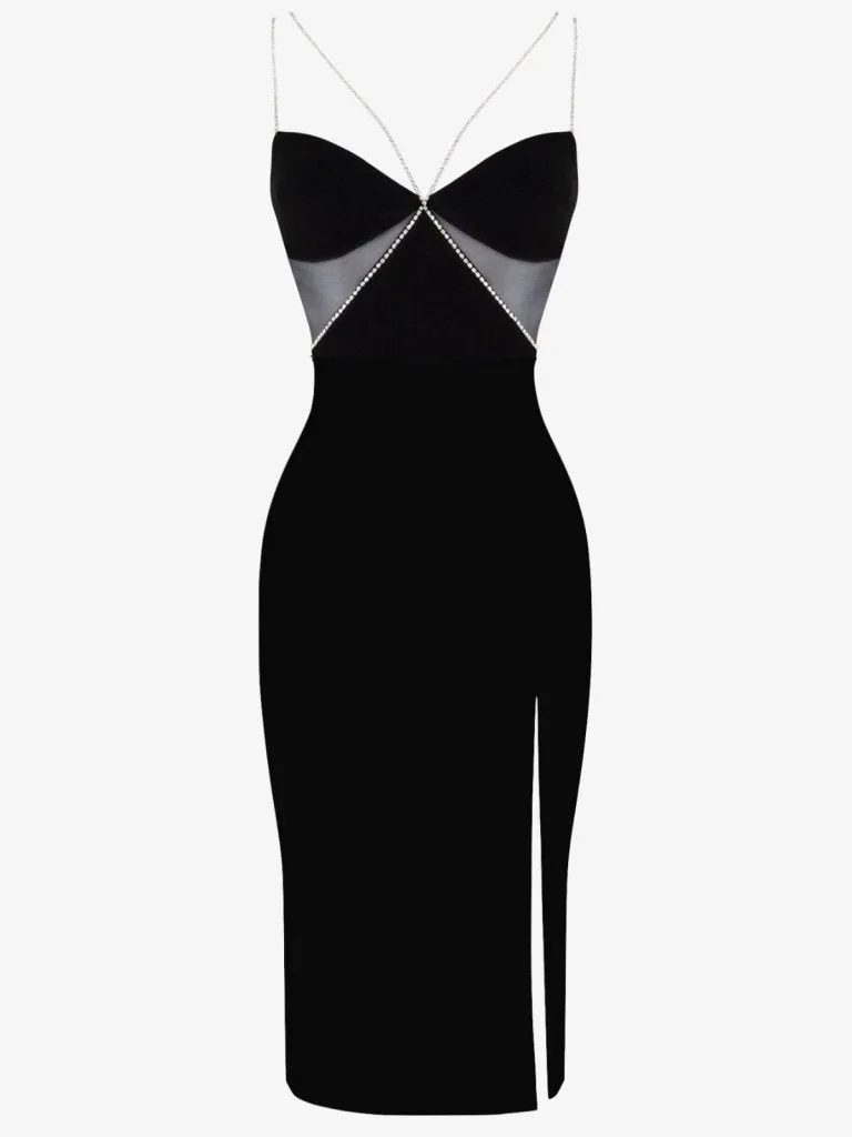 Black Diamanté Strap Cutout Midi Dress sold by Heiress Beverly Hills