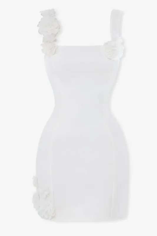 White crepe flower bodycon mini dress made by Heiress Beverly Hills