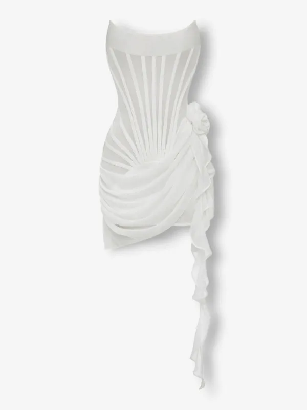 White chiffon mesh corset flower drape mini dress sold by Heiress Beverly Hills