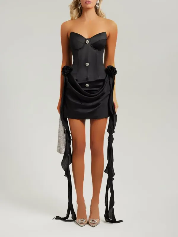 Black crystal satin drape flower mini dress sold by Heiress Beverly Hills