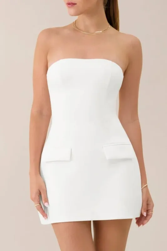 White strapless a line pocket mini dress sold by Heiress Beverly Hills