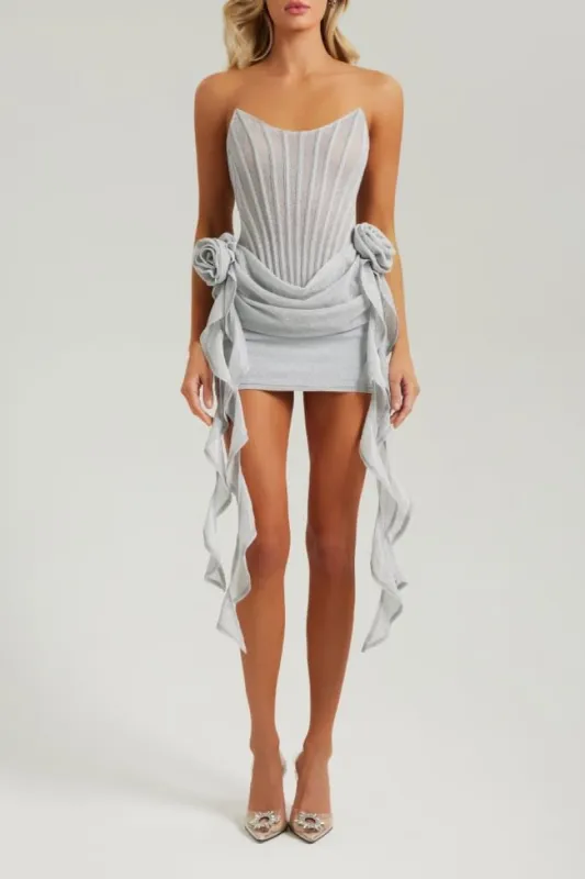 Silver lurex corset drape mini dress with flowers sold by Heiress Beverly Hills