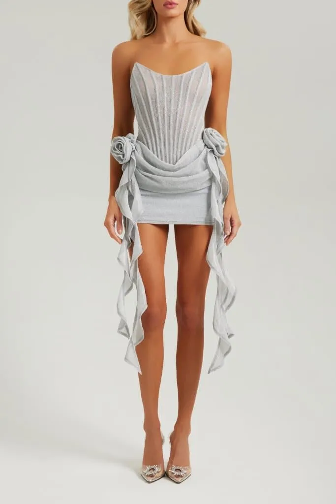 Silver lurex corset drape mini dress with flowers sold by Heiress Beverly Hills