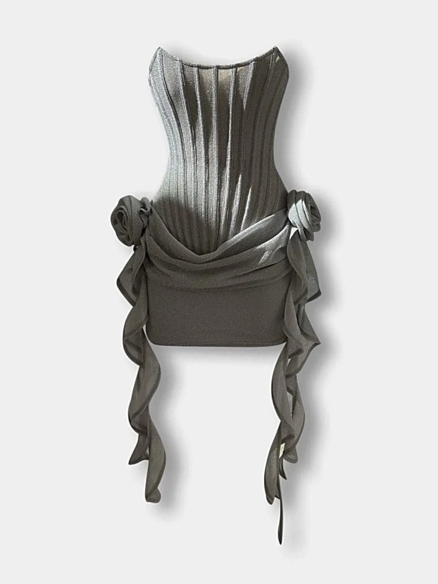 Silver lurex corset drape mini dress with flowers sold by Heiress Beverly Hills product image thumbnail 3