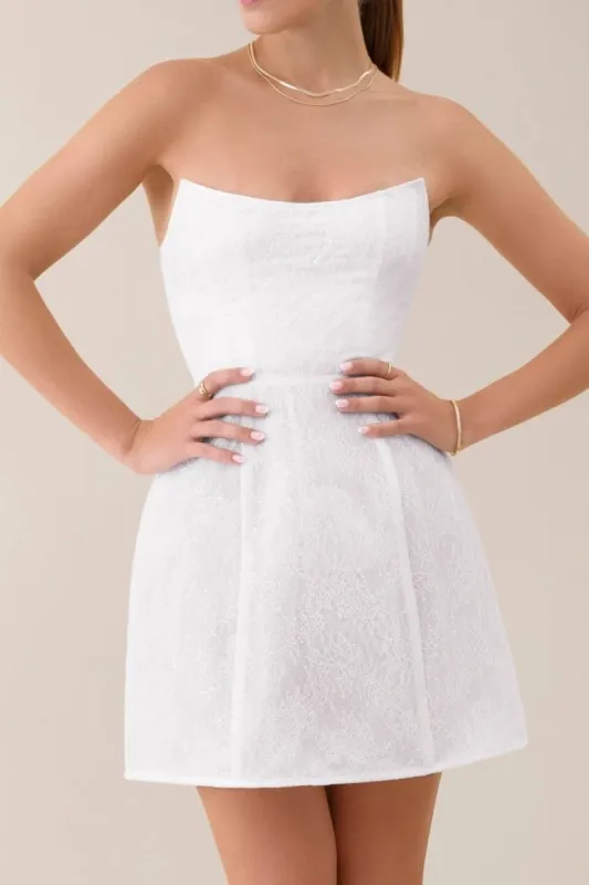White strapless lace corset a-line mini dress sold by Heiress Beverly Hills