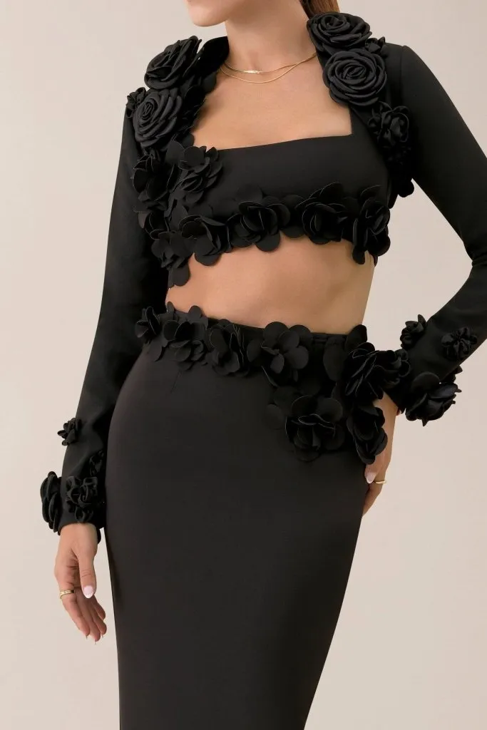 Black crepe flower embellished bolero sold by Heiress Beverly Hills product image thumbnail 3