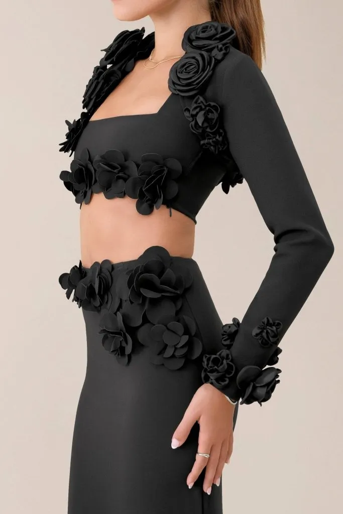 Black crepe flower embellished bolero sold by Heiress Beverly Hills product image thumbnail 4