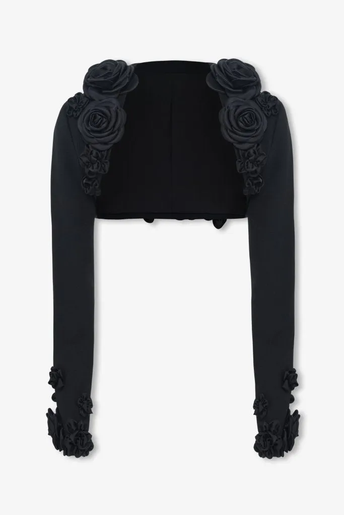 Black crepe flower embellished bolero sold by Heiress Beverly Hills