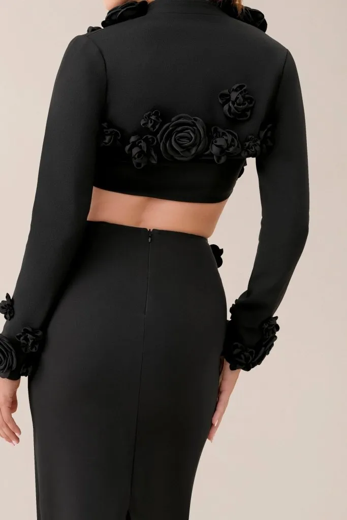 Black crepe flower embellished bolero sold by Heiress Beverly Hills product image thumbnail 5