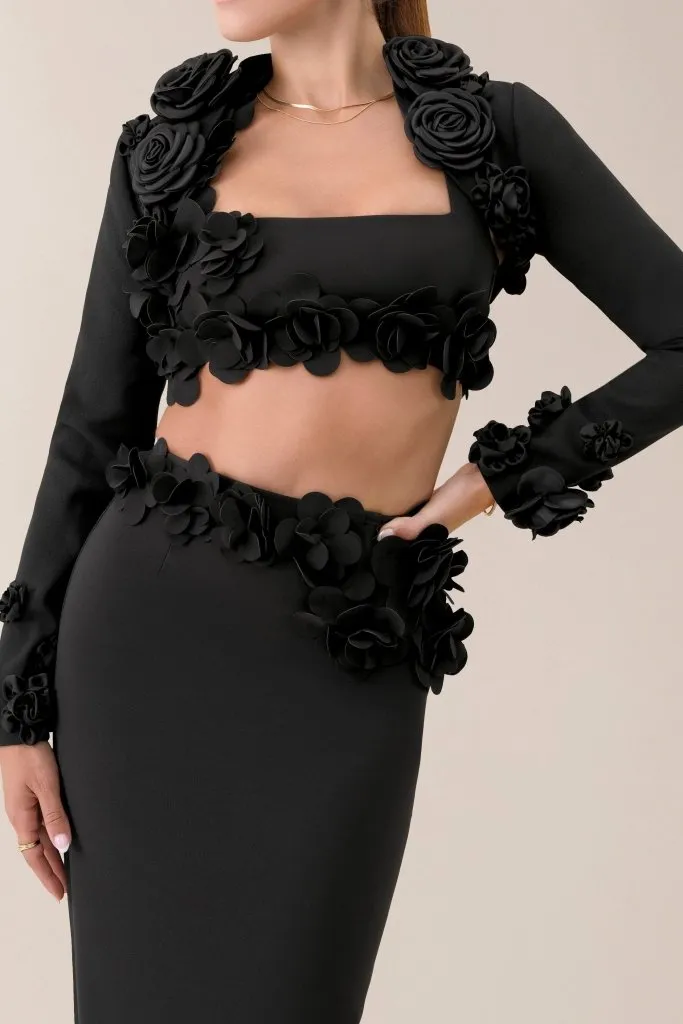 Black crepe flower embellished bolero sold by Heiress Beverly Hills product image thumbnail 2