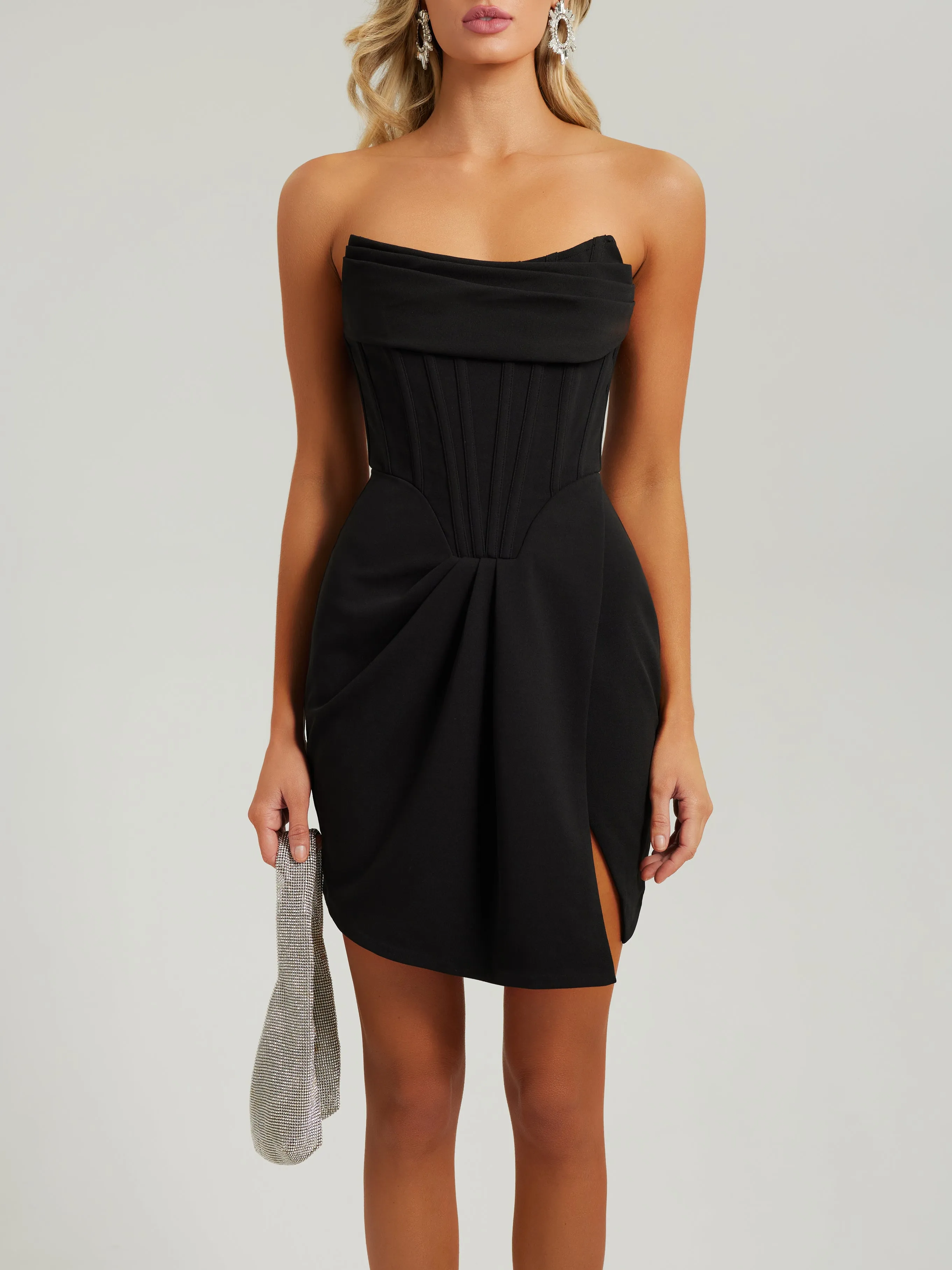 Black drape strapless corset slit crepe mini dress sold by Heiress Beverly Hills product image thumbnail 2