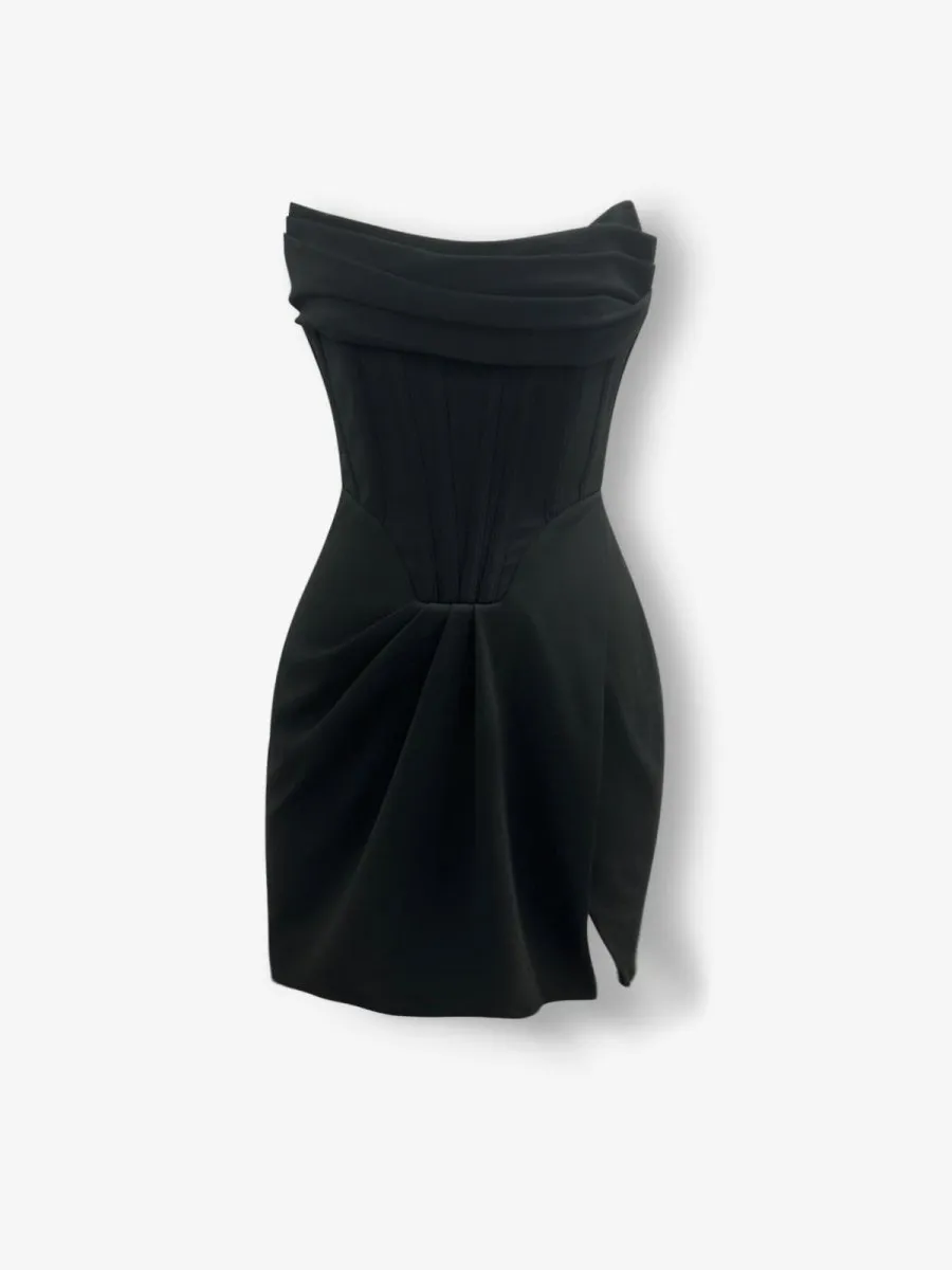 Black drape strapless corset slit crepe mini dress sold by Heiress Beverly Hills product image thumbnail 5