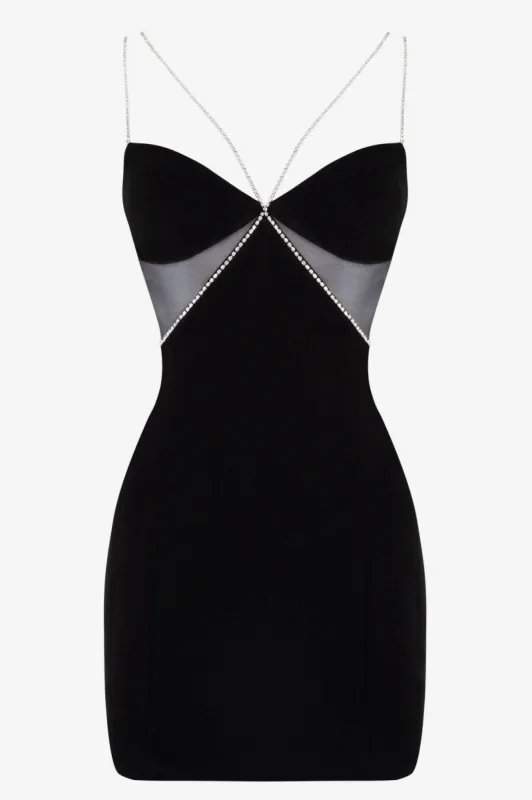 Black Diamante Strap Cutout Mini Dress sold by Heiress Beverly Hills