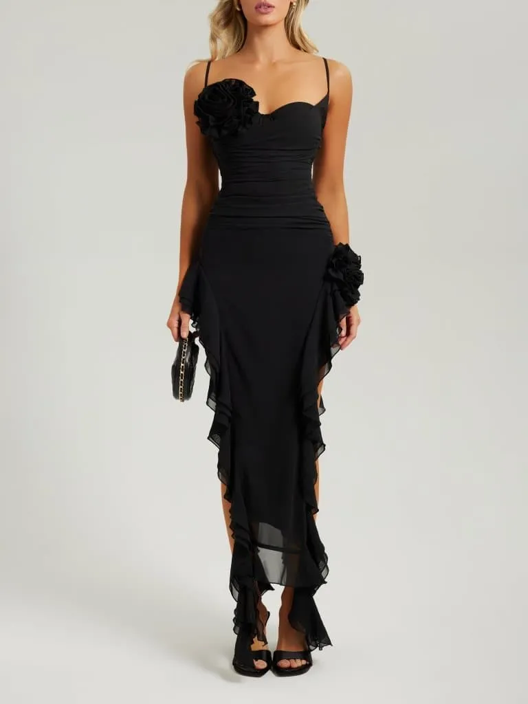 Black bustier ruffle flower maxi dress sold by Heiress Beverly Hills