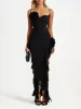 Black bustier ruffle flower maxi dress sold by Heiress Beverly Hills