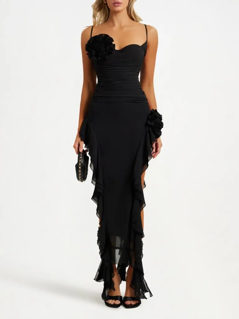 Black bustier ruffle flower maxi dress sold by Heiress Beverly Hills product image thumbnail 3