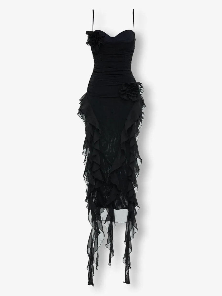 Black bustier ruffle flower maxi dress sold by Heiress Beverly Hills product image thumbnail 2