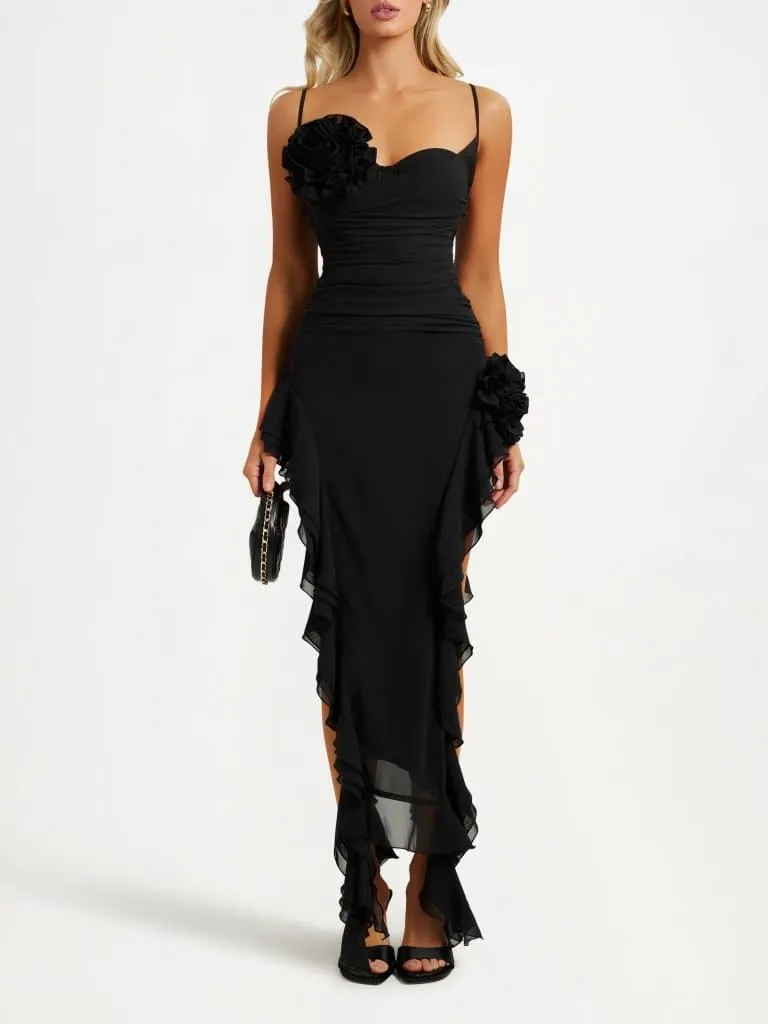 Black bustier ruffle flower maxi dress sold by Heiress Beverly Hills product image thumbnail 4