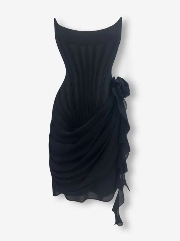 Black chiffon mesh corset flower drape midi dress sold by Heiress Beverly Hills