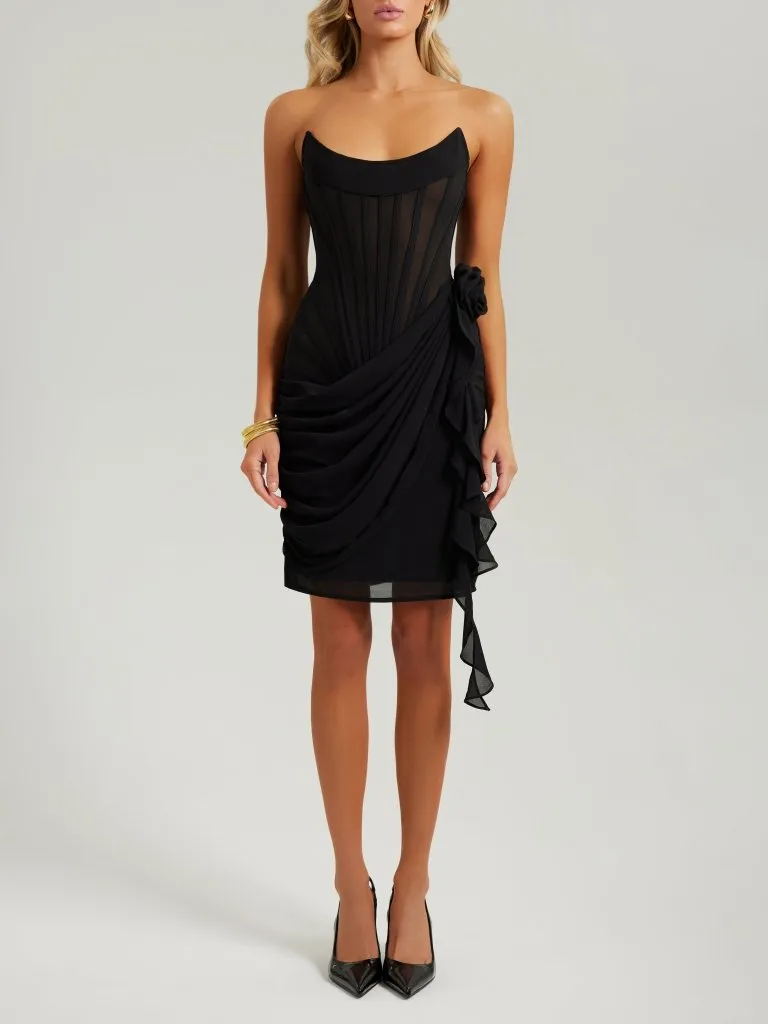 Black chiffon mesh corset flower drape midi dress sold by Heiress Beverly Hills product image thumbnail 2