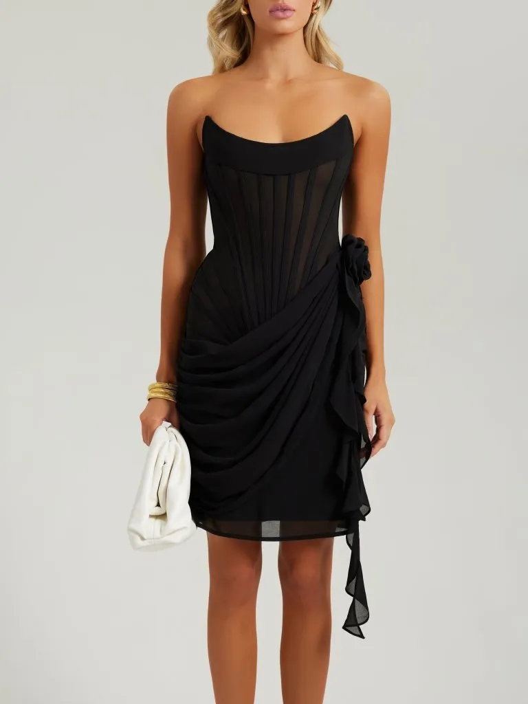 Black chiffon mesh corset flower drape midi dress sold by Heiress Beverly Hills product image thumbnail 3