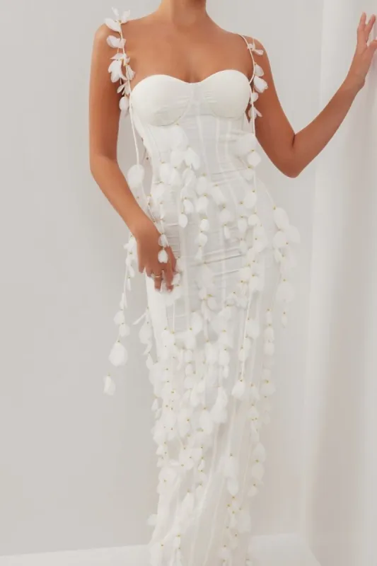 White corset petal linen maxi dress made by Heiress Beverly Hills