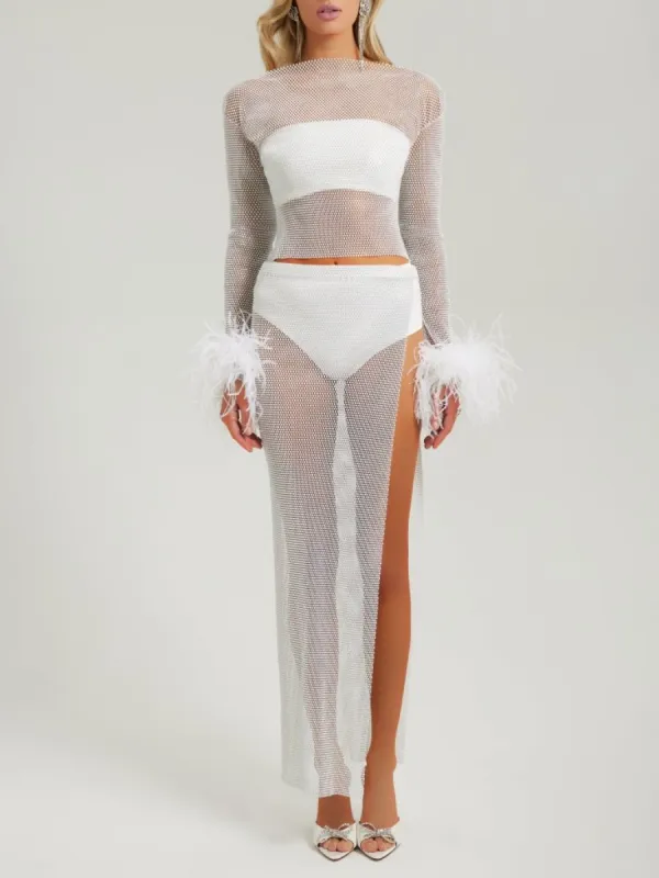 White crystal embellished mesh feather top sold by Heiress Beverly Hills