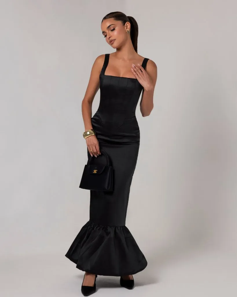 Black corset sheen maxi bubble dress sold by Heiress Beverly Hills product image thumbnail 4