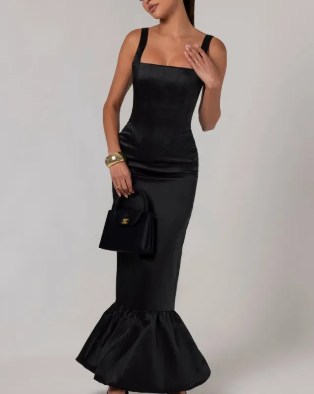 Black corset sheen maxi bubble dress sold by Heiress Beverly Hills