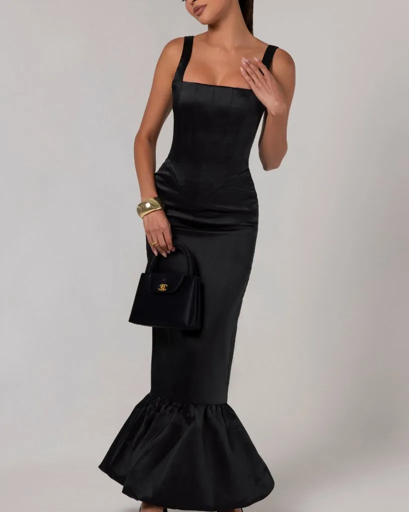 Black corset sheen maxi bubble dress sold by Heiress Beverly Hills