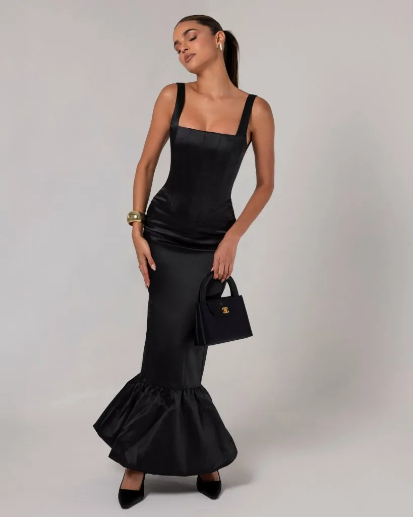 Black corset sheen maxi bubble dress sold by Heiress Beverly Hills product image thumbnail 5